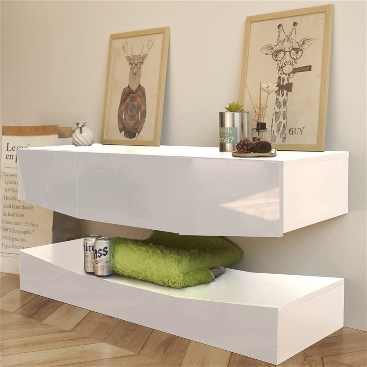 White Floating TV Stand with 3 Drawers and Open Shelves S817