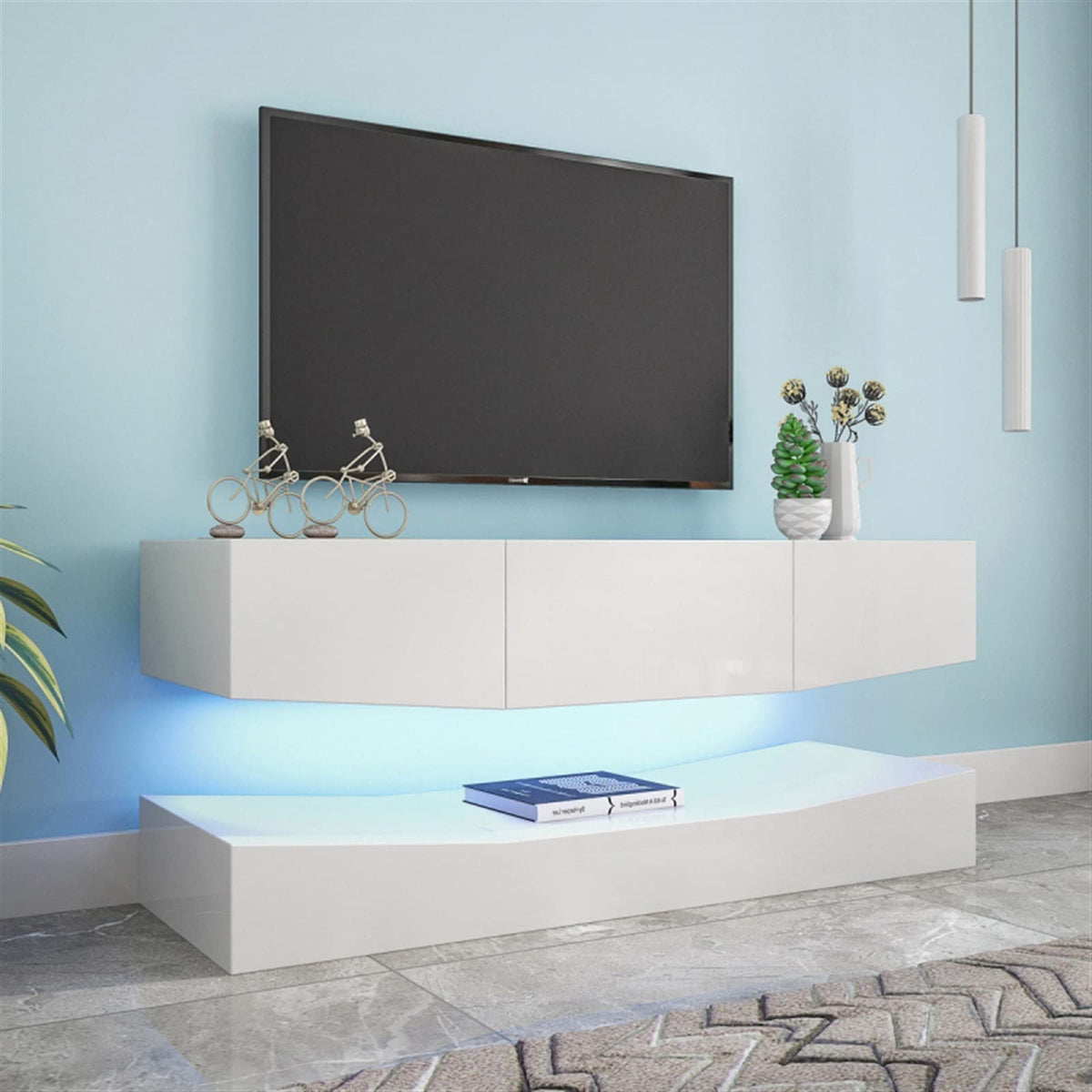 White Floating TV Stand with 3 Drawers and Open Shelves S817