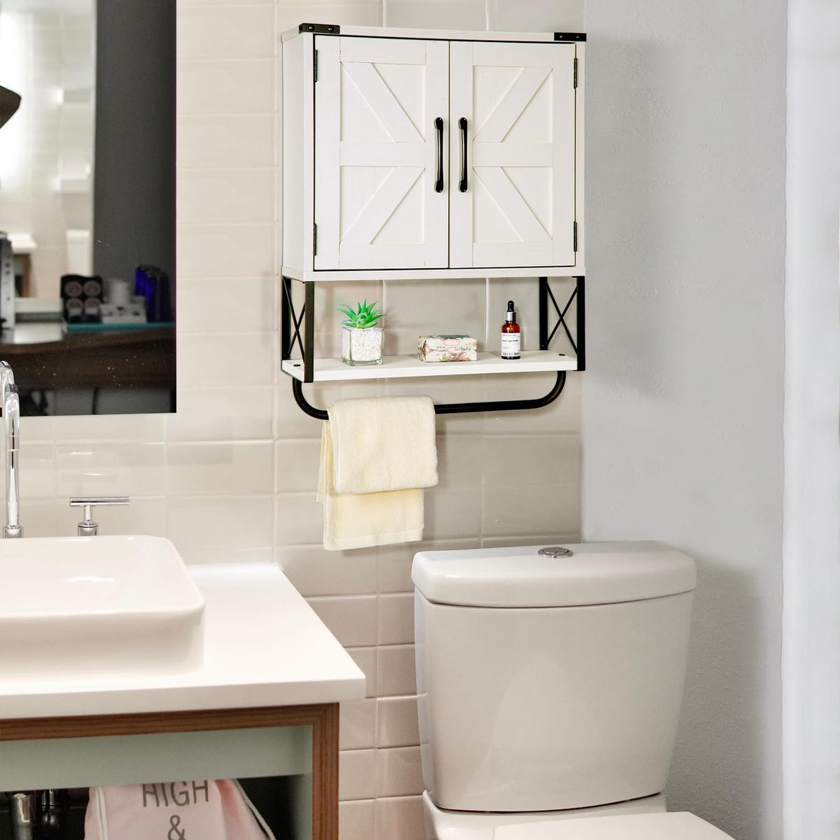 Medicine Cabinet with 2 Barn Door & Towel Bar Rack M27301