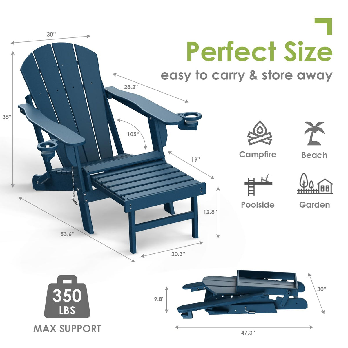 Blue Folding Adirondack Chairs with Ottoman Set of 6 H7148