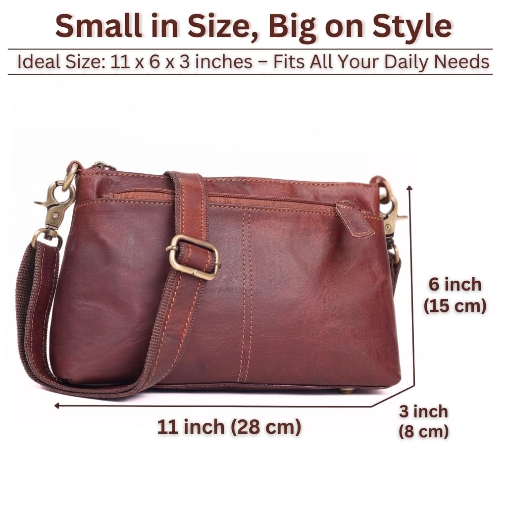 Small Genuine Leather Crossbody Bag with 3 Zipper Pockets O3563