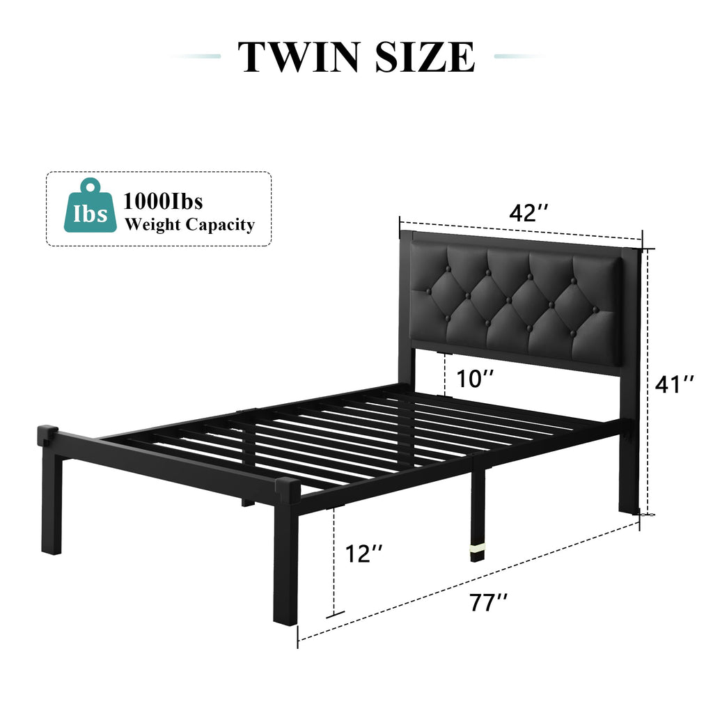 Twin Size Black Metal Platform Bed Frame with Faux Leather Button Tufted Headboard X236