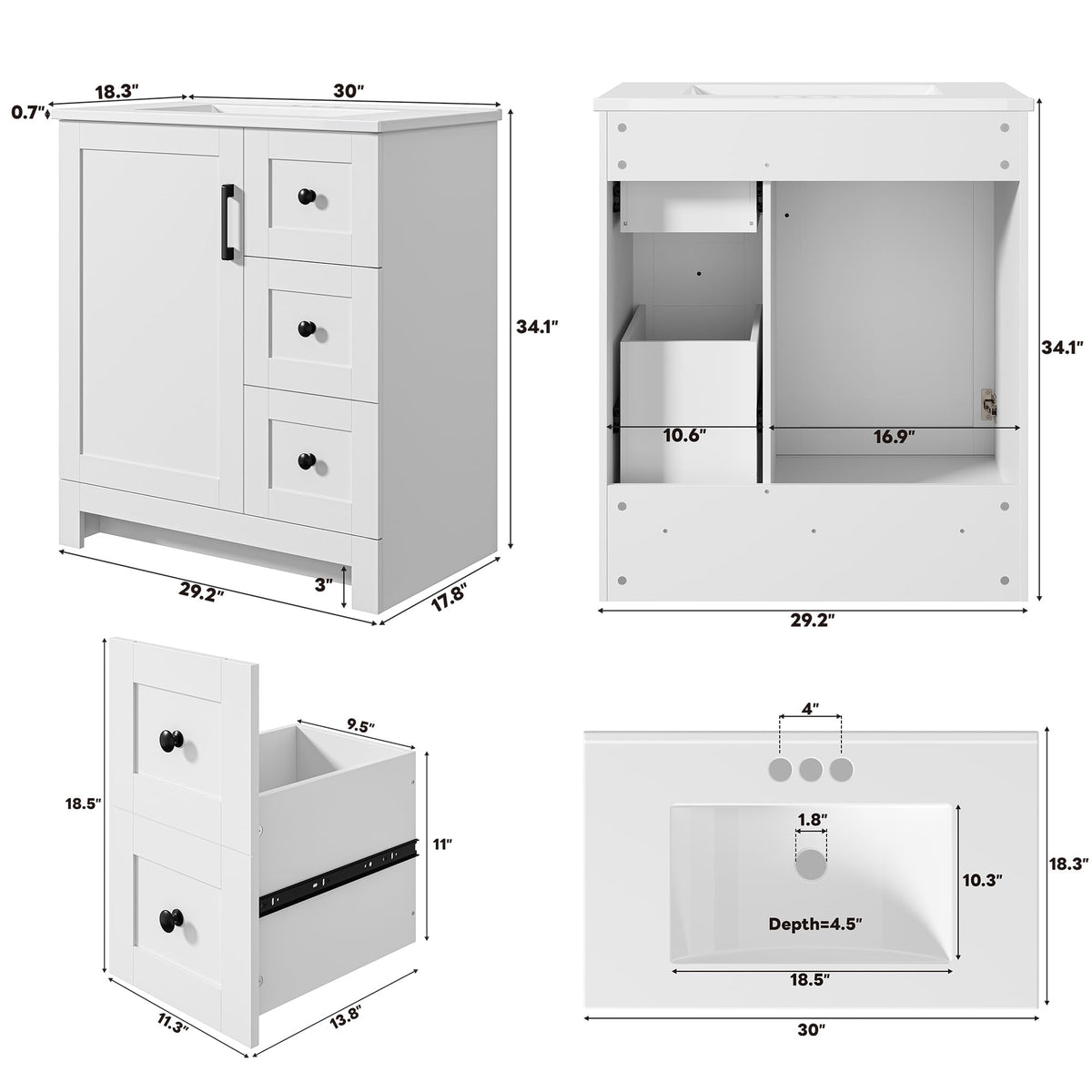30" White Bathroom Vanity with Sink B572859