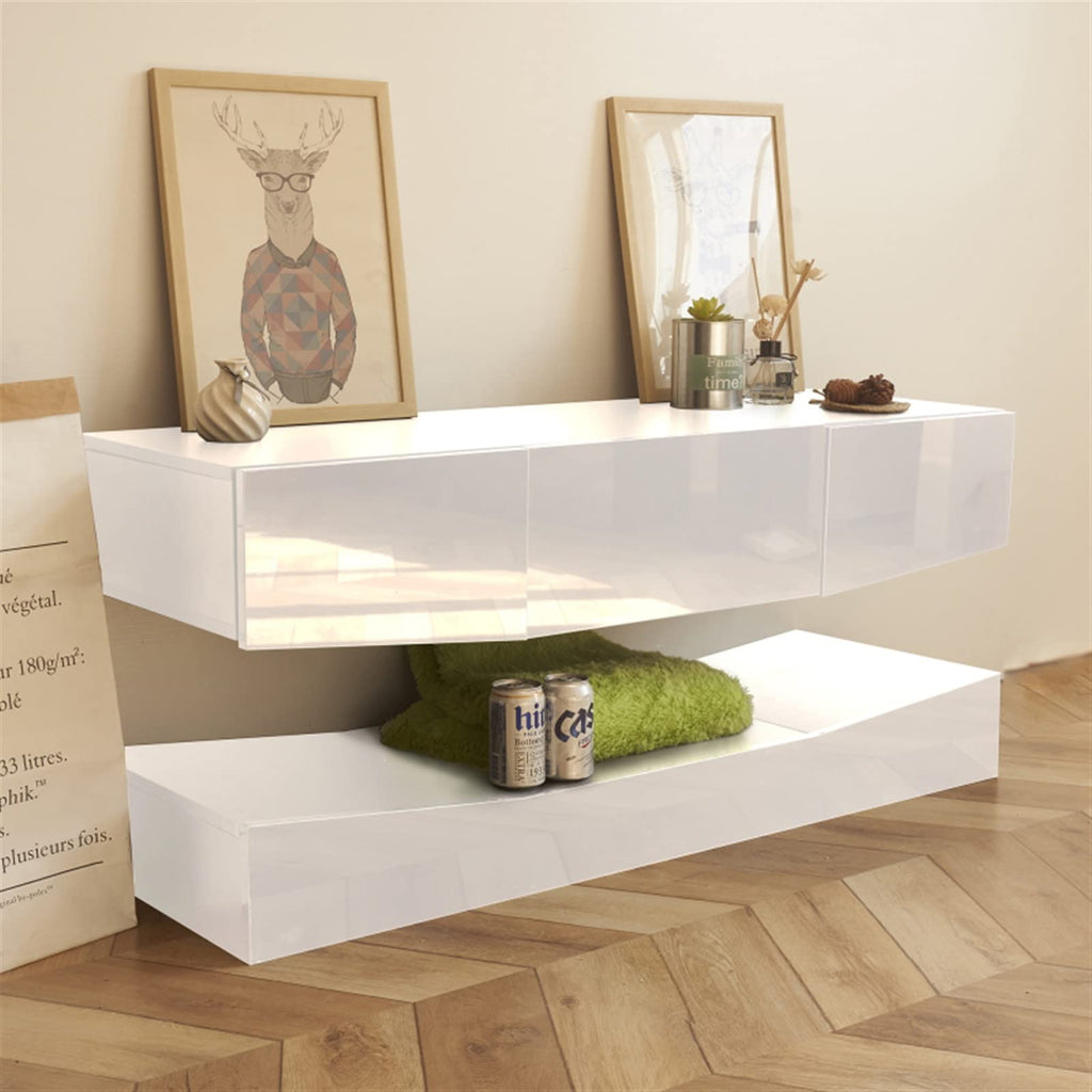 White Floating TV Stand with 3 Drawers and Open Shelves S817