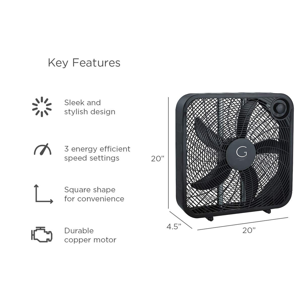 20" Box Fan, 3 Settings, Carry Handle, Black I8326