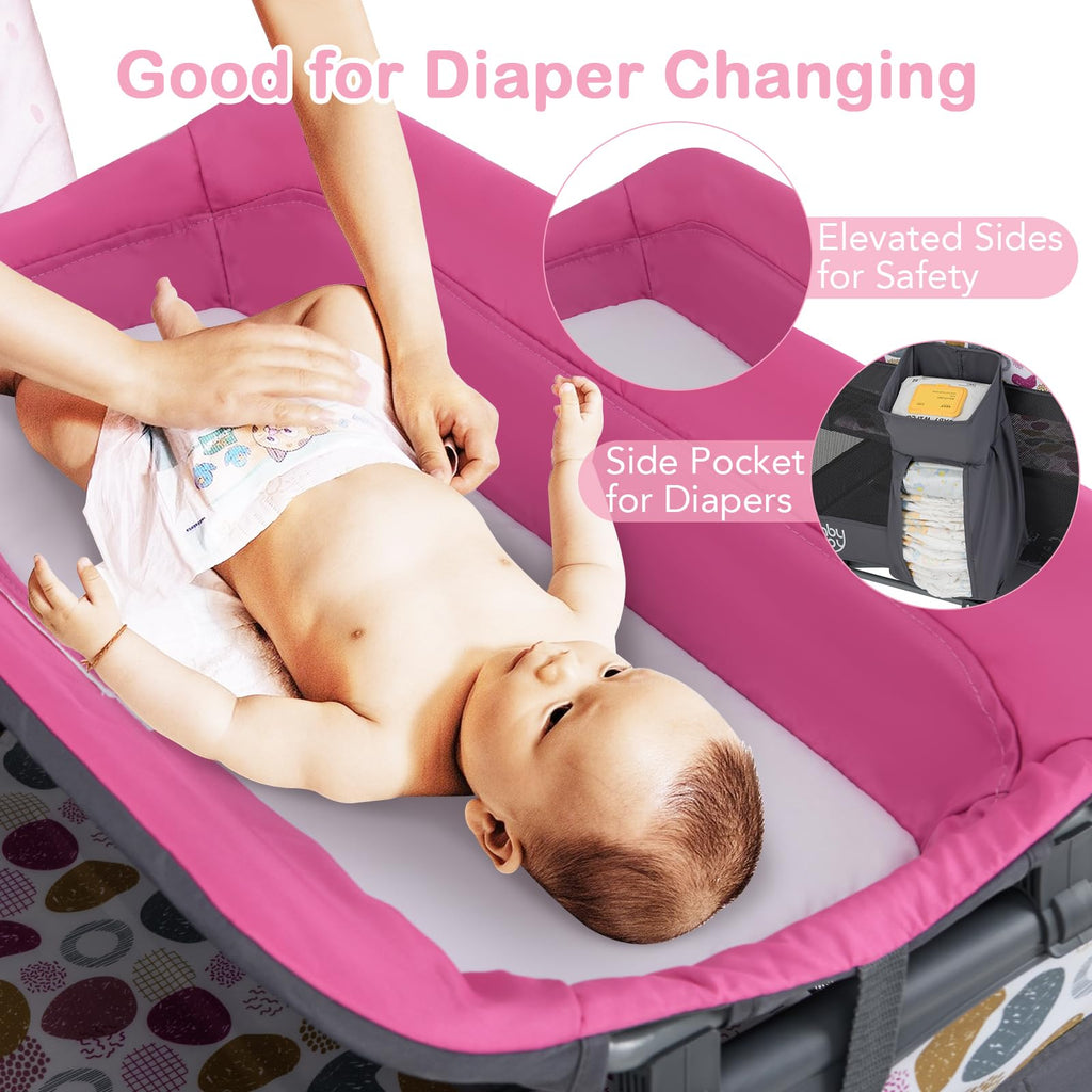 Pink Portable Baby Playard with Bassinet and Changing Station Y208979