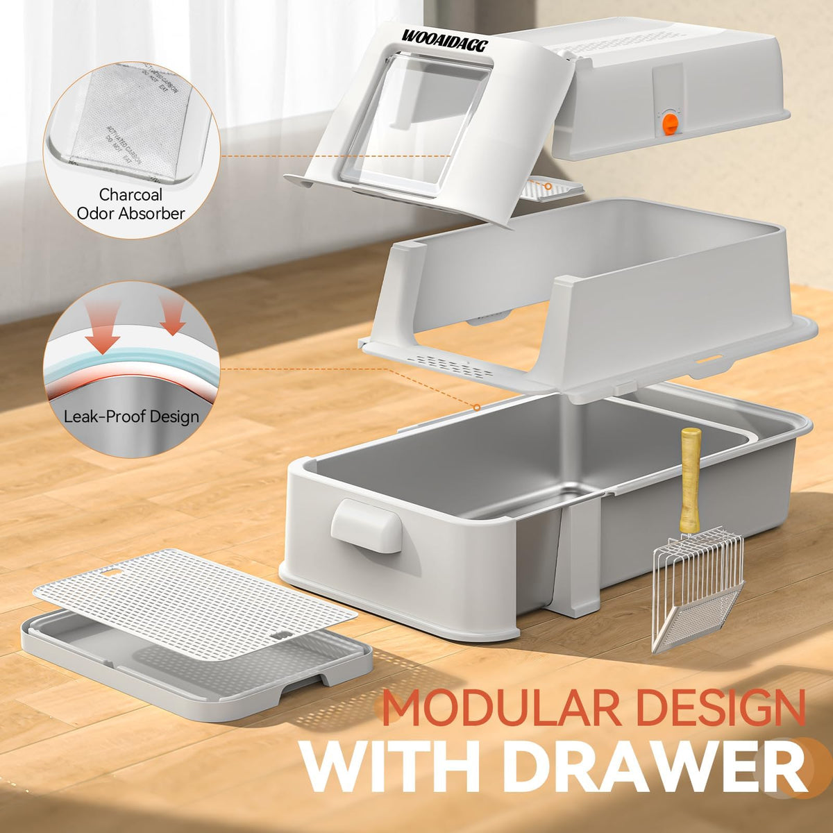 Enclosed Stainless Steel Cat Litter Box with Drawer and Flip Door, Extra Large Light Grey K42402