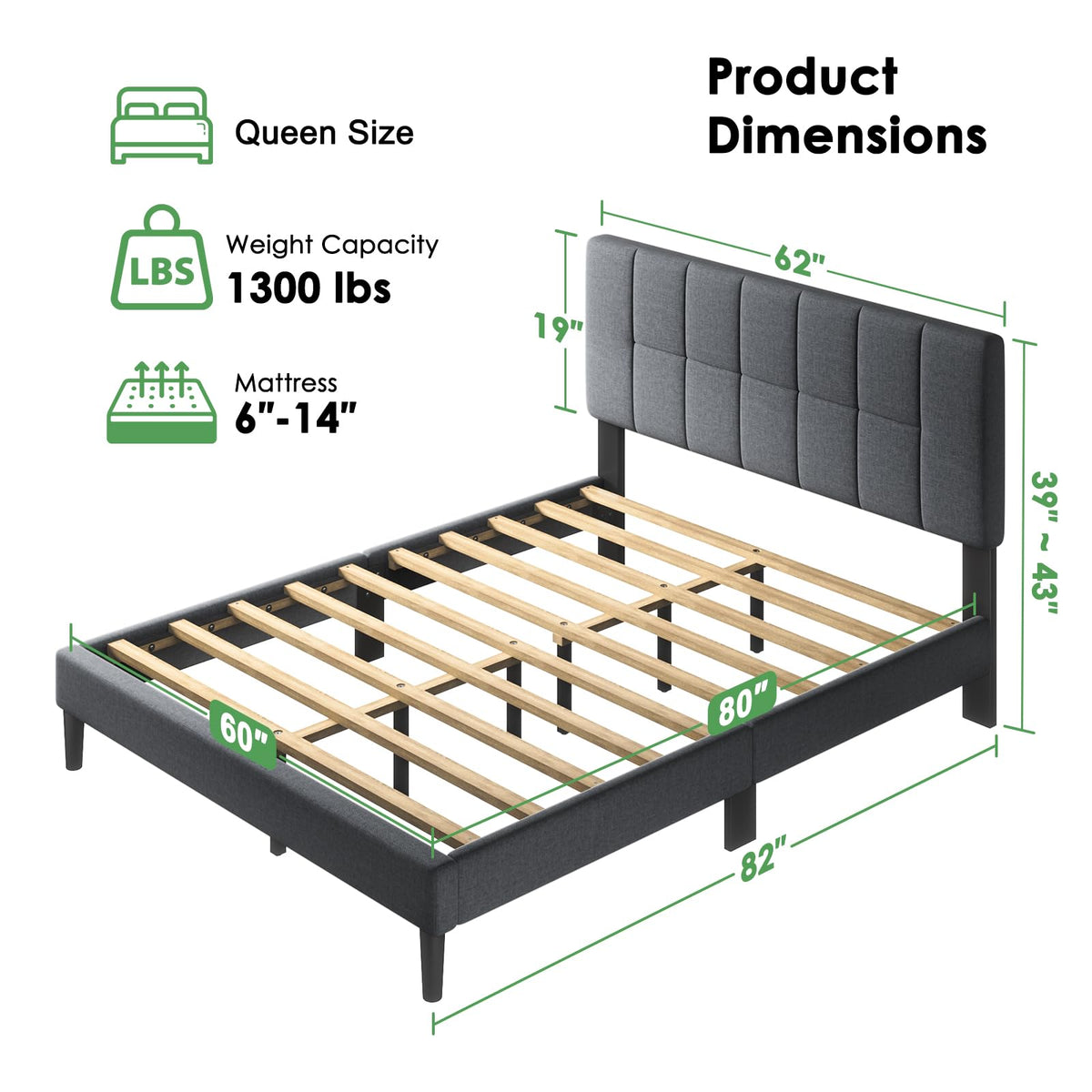 Queen Size Dark Gray Upholstered Bed Frame S300611