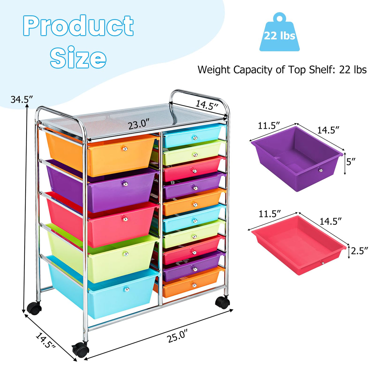 15 Drawer Rolling Cart with Lockable Wheels Y184130