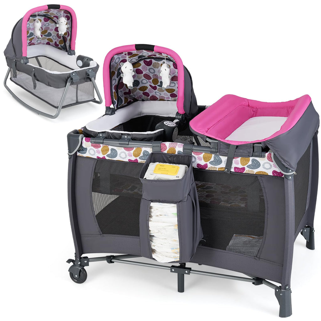 Pink Portable Baby Playard with Bassinet and Changing Station Y208979