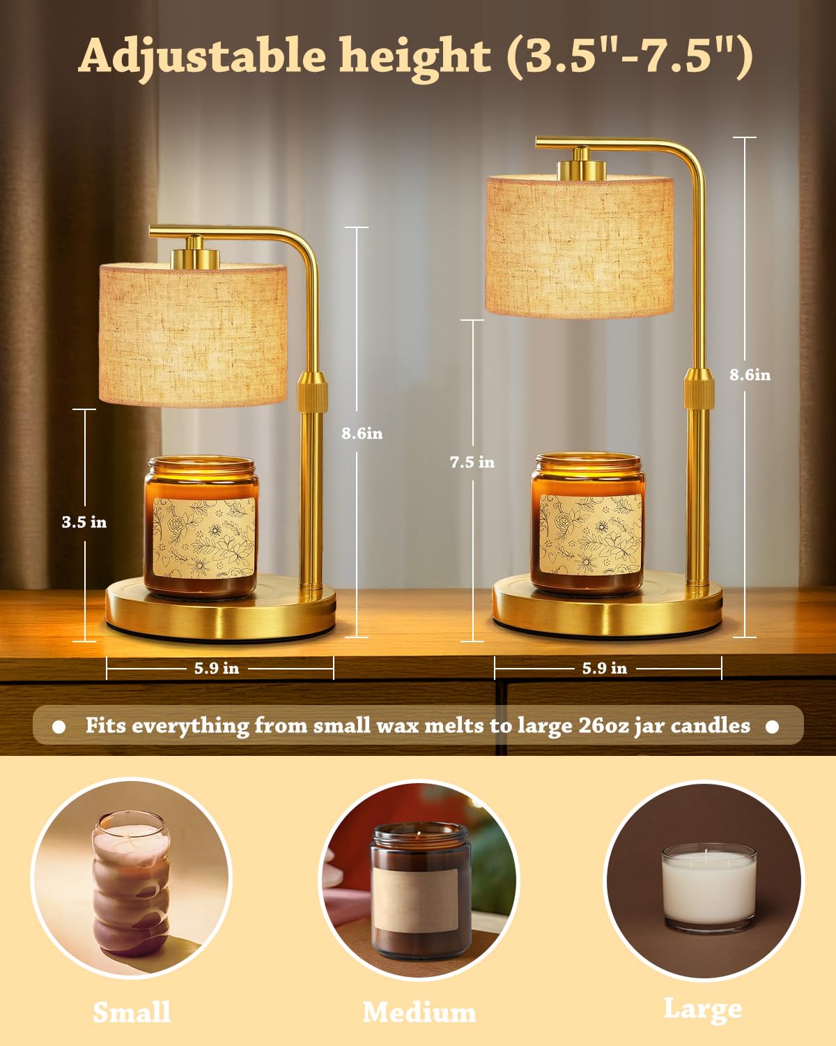 Height Adjustable Candle Warmer Lamp with Timer Dimmer for Jar Candles L831