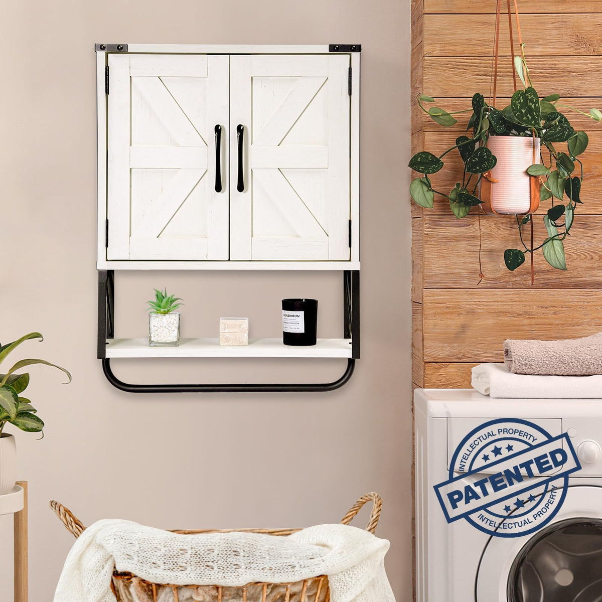Medicine Cabinet with 2 Barn Door & Towel Bar Rack M27301