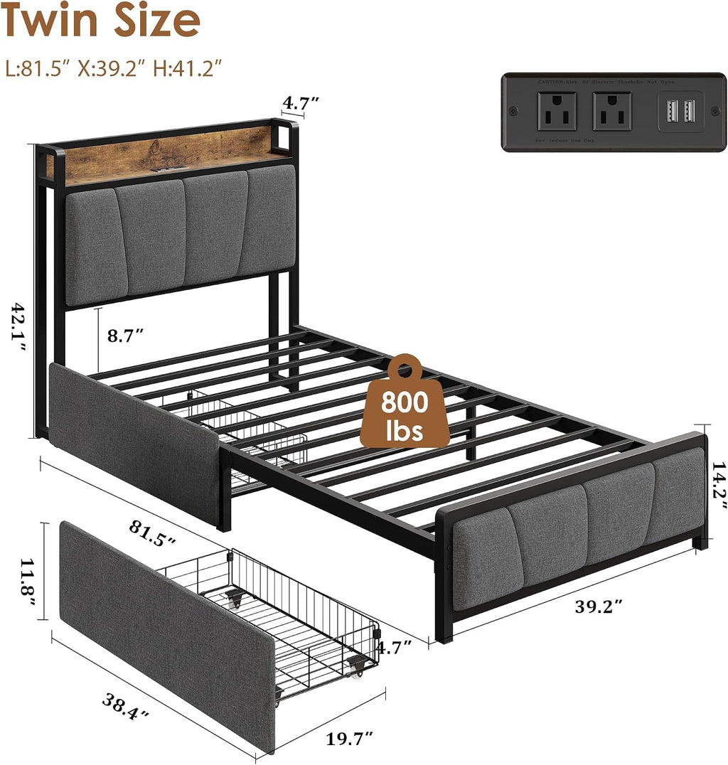 Twin Size Bed Frame with Storage Drawers and Charging Station A6410