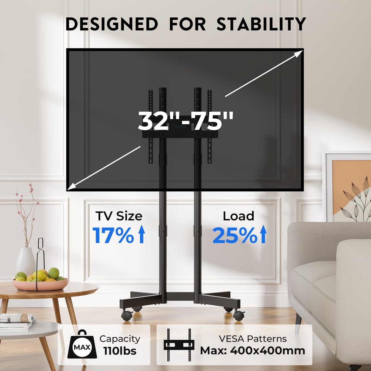 Black Rolling TV Stand for 32-75 Inch TVs Z17769