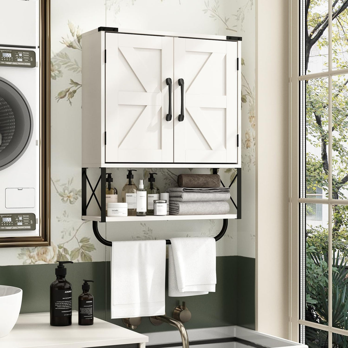 Medicine Cabinet with 2 Barn Door & Towel Bar Rack M27301