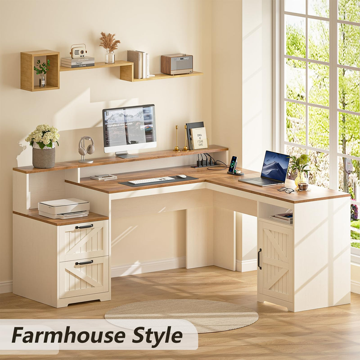 63" L Shaped Desk with Drawers & Printer Shelf K23068