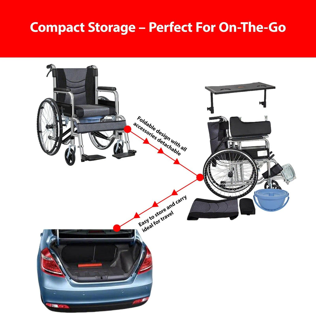 Foldable Reclining Wheelchair with Commode Bucket and Tray Table B473