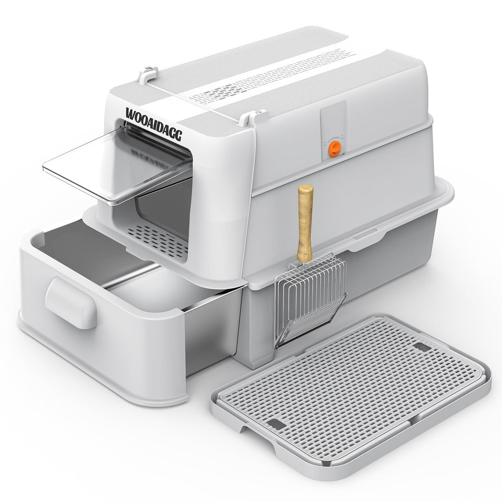 Enclosed Stainless Steel Cat Litter Box with Drawer and Flip Door, Extra Large Light Grey K42402