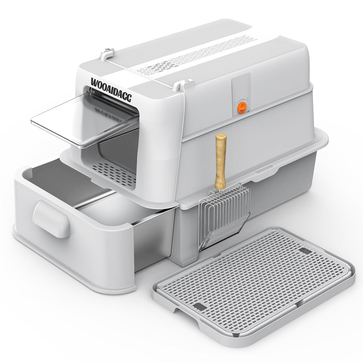 Enclosed Stainless Steel Cat Litter Box with Drawer and Flip Door, Extra Large Light Grey K42402