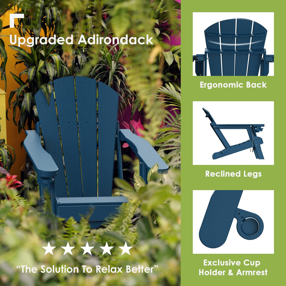 Blue Folding Adirondack Chairs with Ottoman Set of 6 H7148