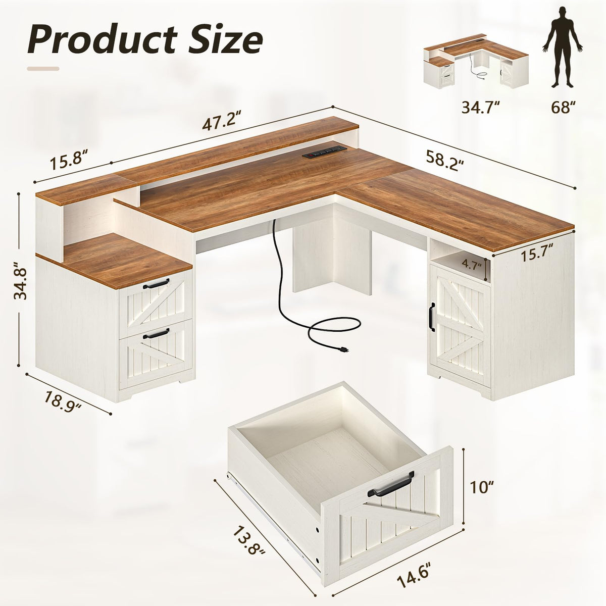 63" L Shaped Desk with Drawers & Printer Shelf K23068