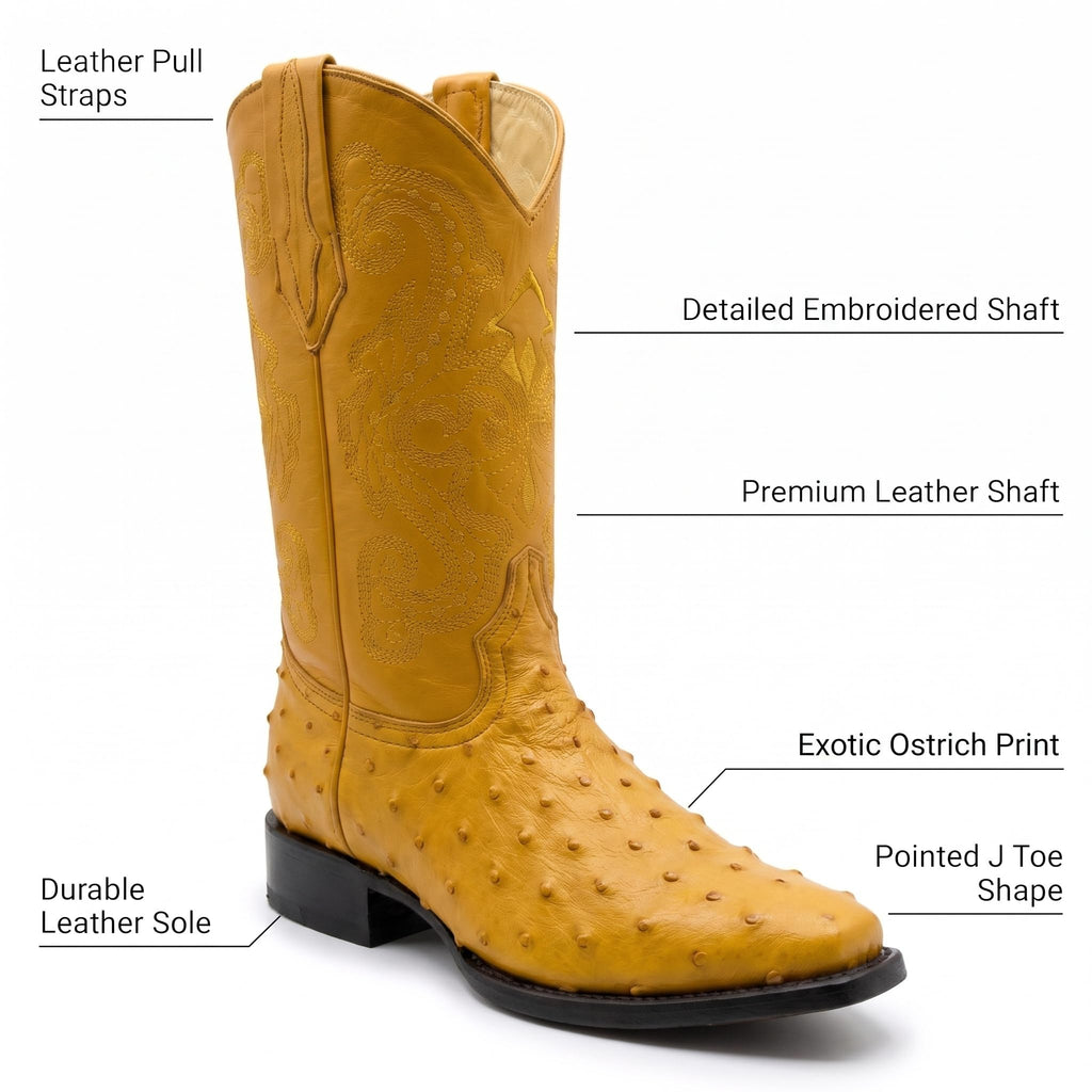 Mens Leather Cowboy Boots Embossed Ostrich Quill Print G8670
