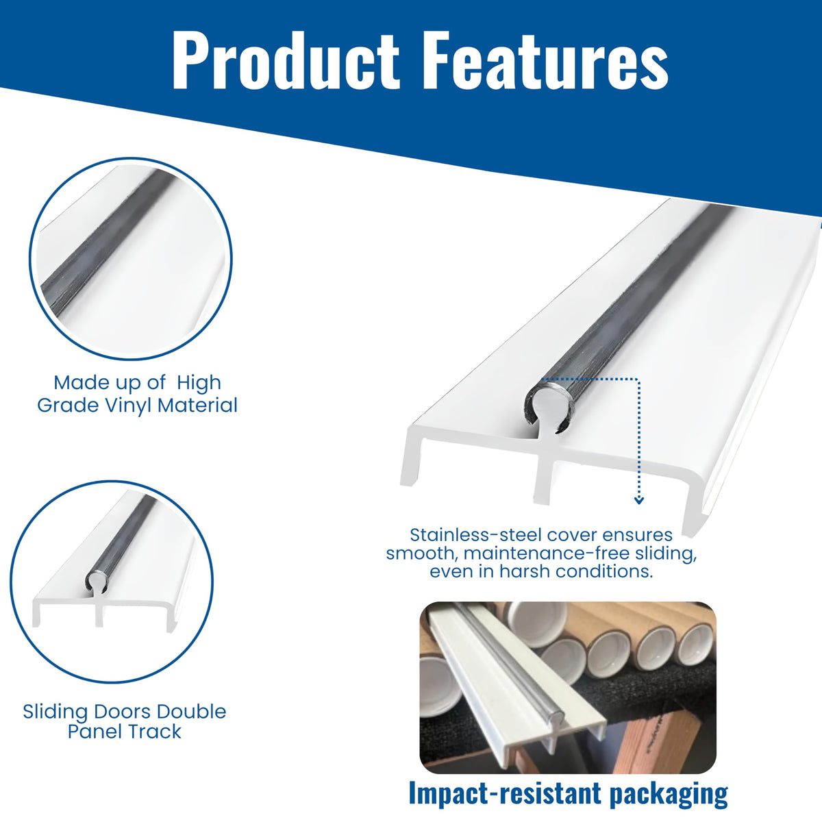 Vinyl Sliding Door Track with Stainless Steel Cover White 72 Inches I59967
