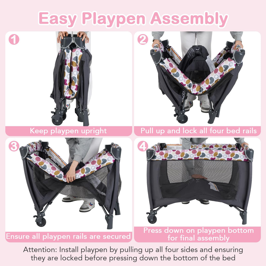 Pink Portable Baby Playard with Bassinet and Changing Station Y208979