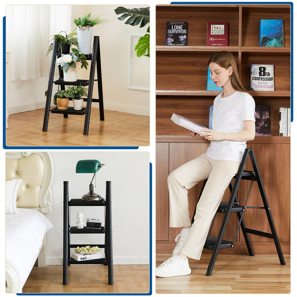 Black 3 Step Steel Folding Ladder C8229