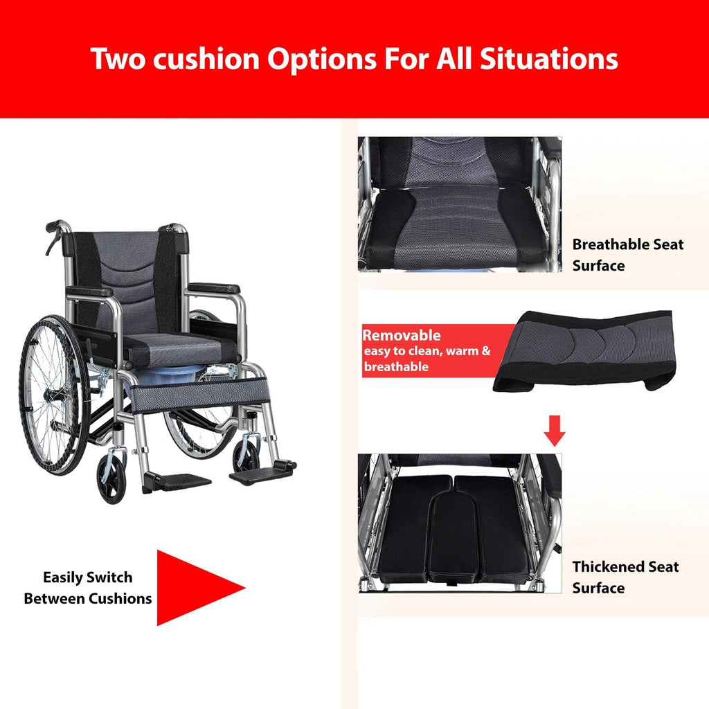 Foldable Reclining Wheelchair with Commode Bucket and Tray Table B473