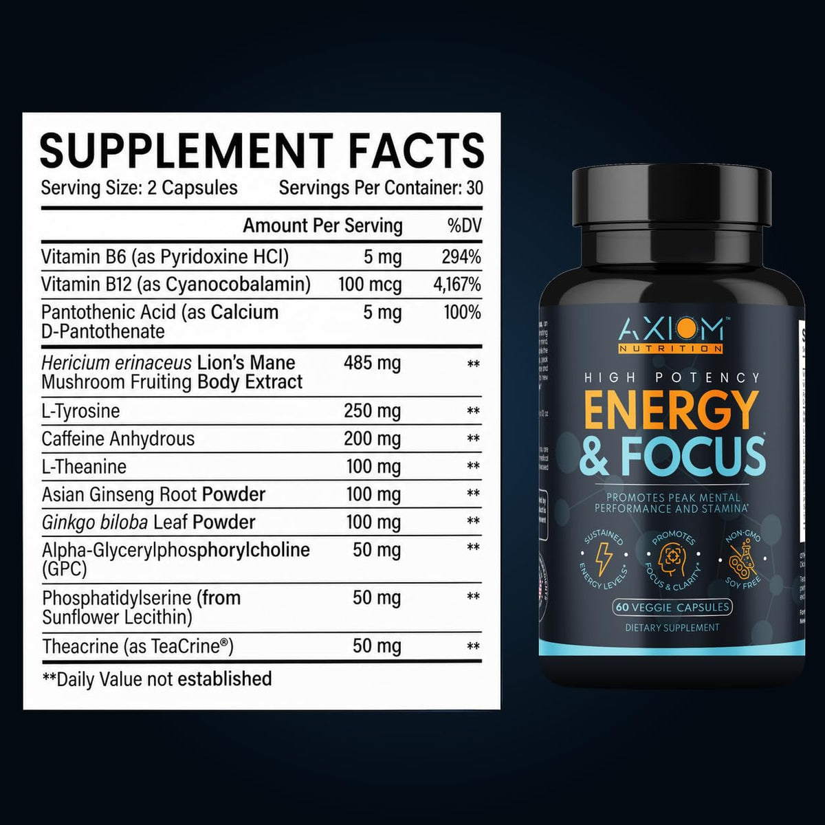 200mg Caffeine Lions Mane Mushroom 60 Capsules W559140