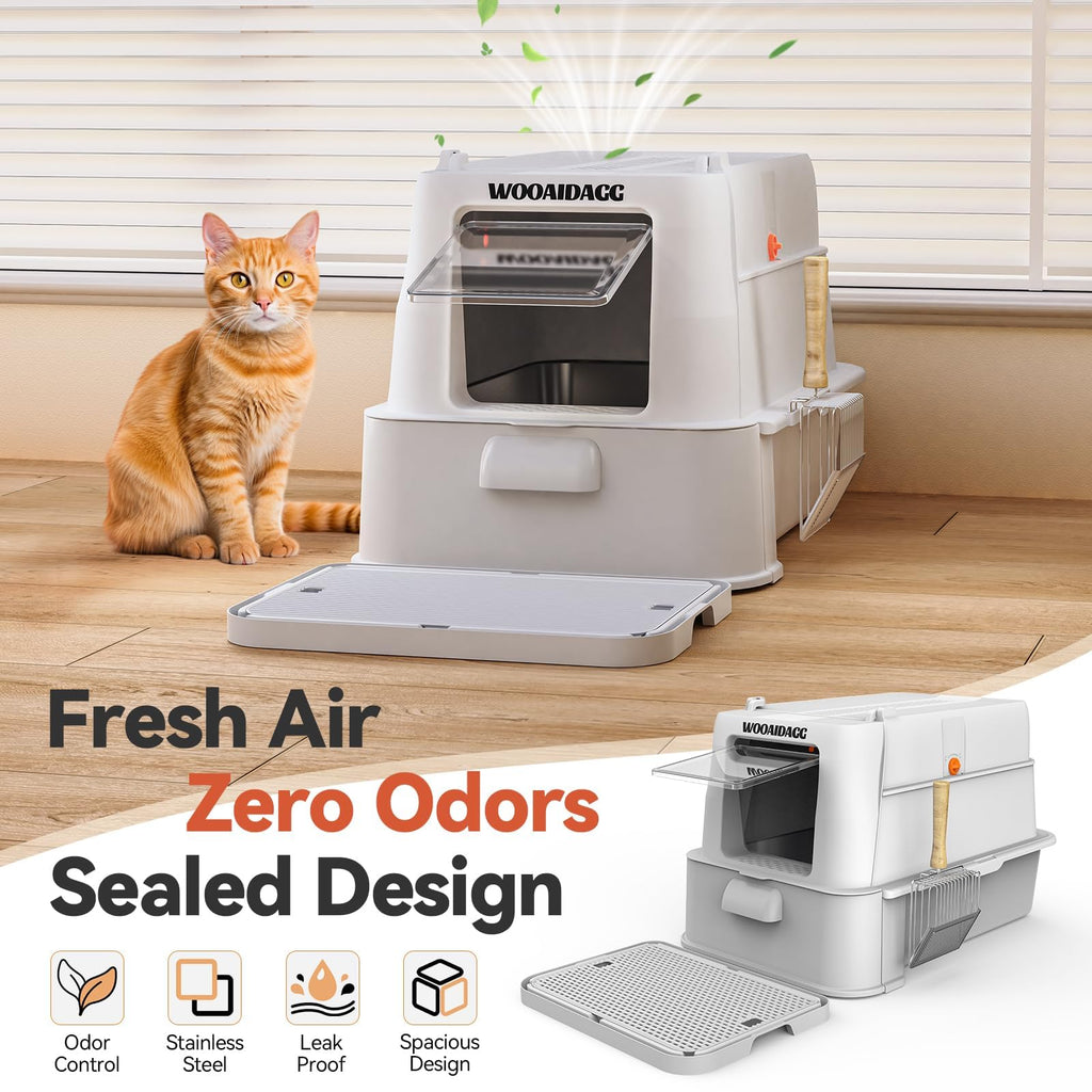 Enclosed Stainless Steel Cat Litter Box with Drawer and Flip Door, Extra Large Light Grey K42402