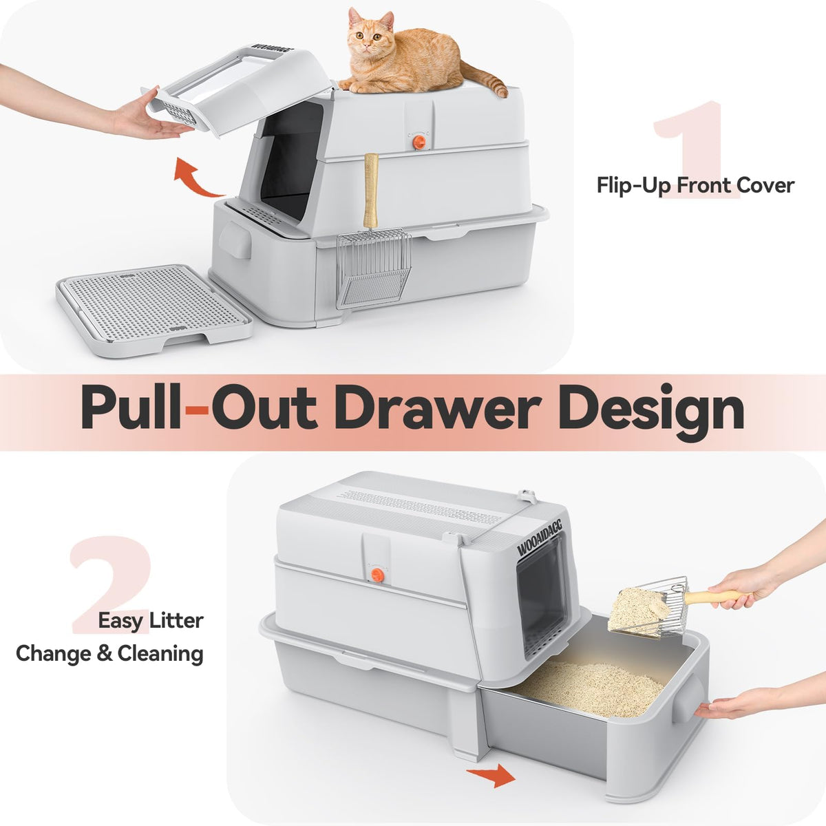 Enclosed Stainless Steel Cat Litter Box with Drawer and Flip Door, Extra Large Light Grey K42402