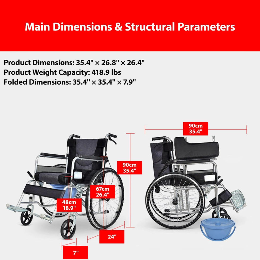 Foldable Reclining Wheelchair with Commode Bucket and Tray Table B473