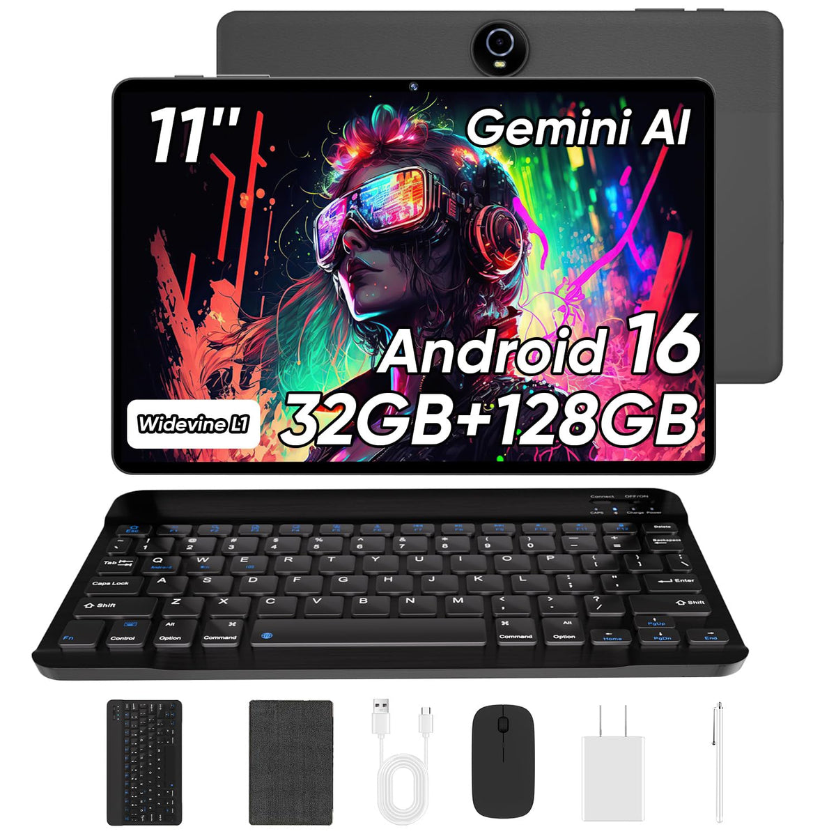 11 Inch Android 16 Tablet with Keyboard, 32GB RAM 128GB ROM, 8000mAh, Black H593