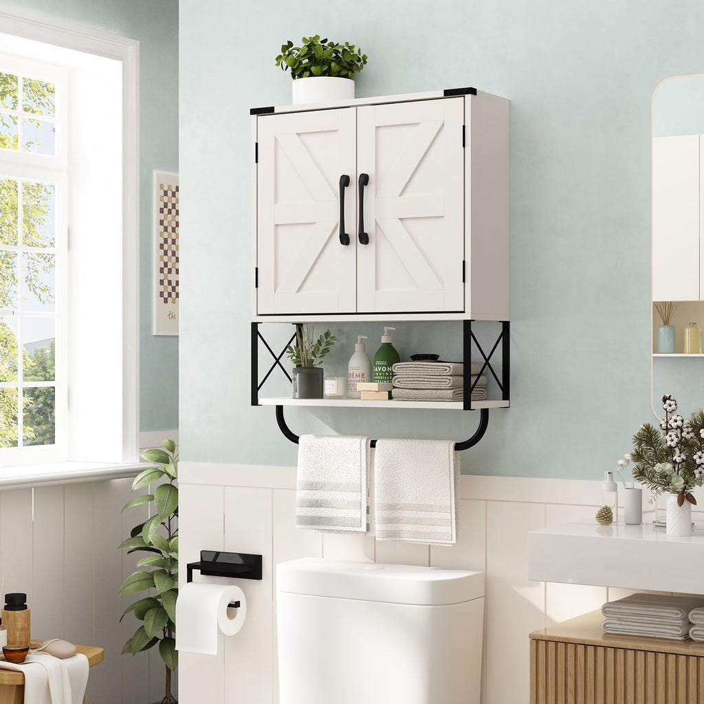 Medicine Cabinet with 2 Barn Door & Towel Bar Rack M27301
