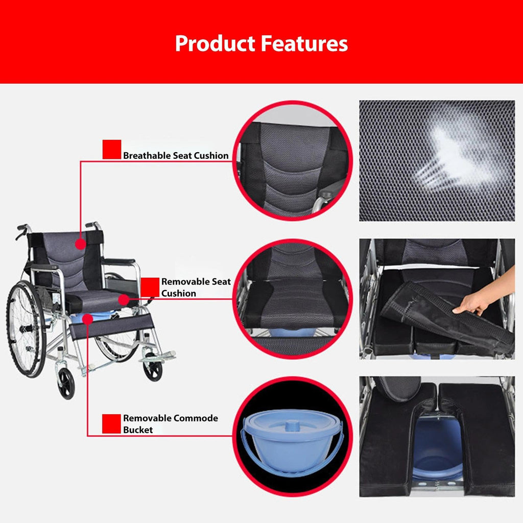 Foldable Reclining Wheelchair with Commode Bucket and Tray Table B473