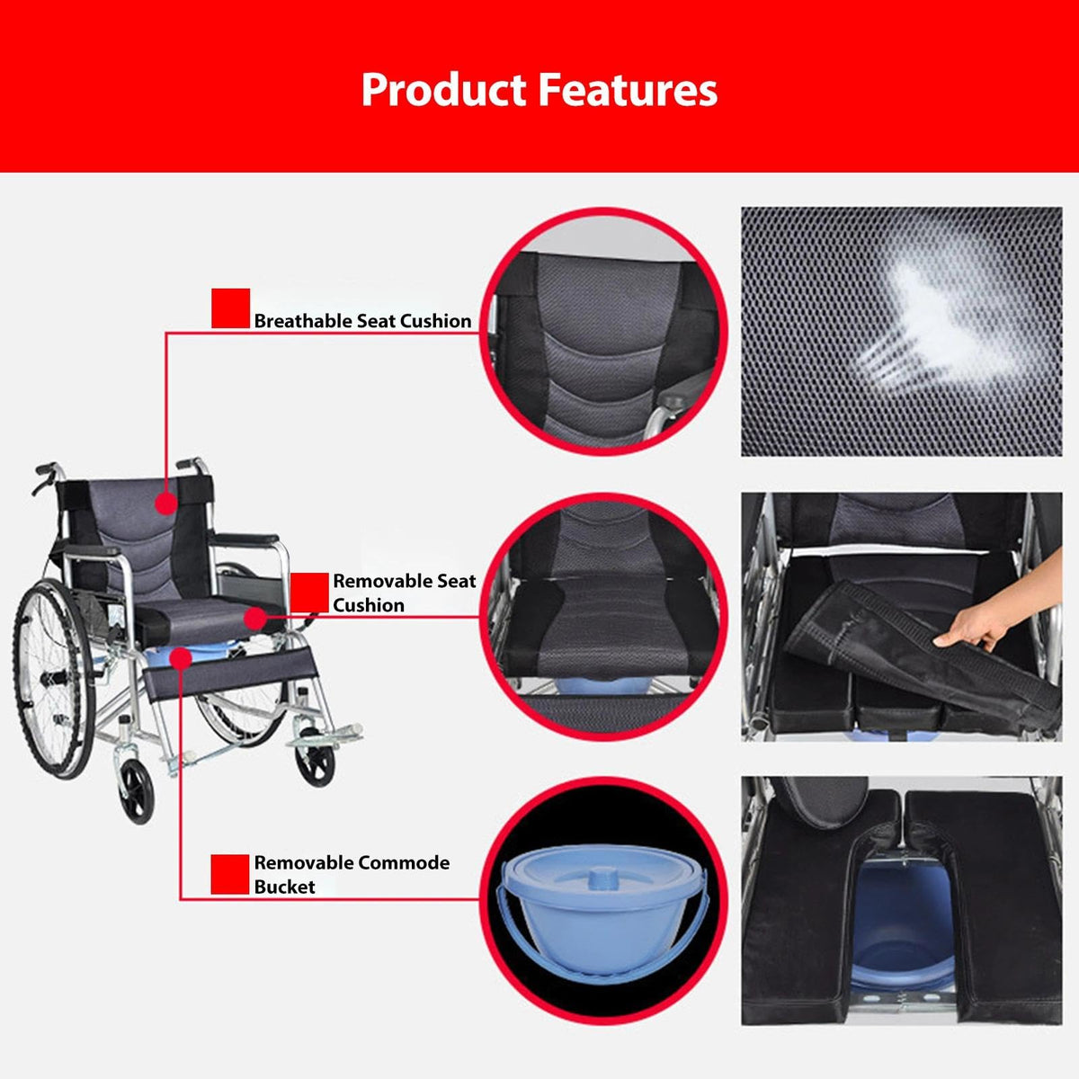 Foldable Reclining Wheelchair with Commode Bucket and Tray Table B473