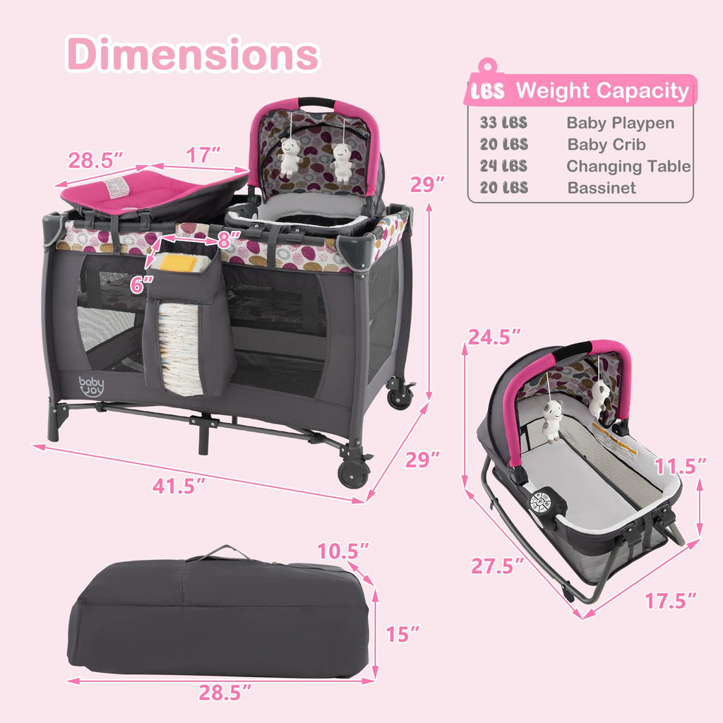 Pink Portable Baby Playard with Bassinet and Changing Station Y208979