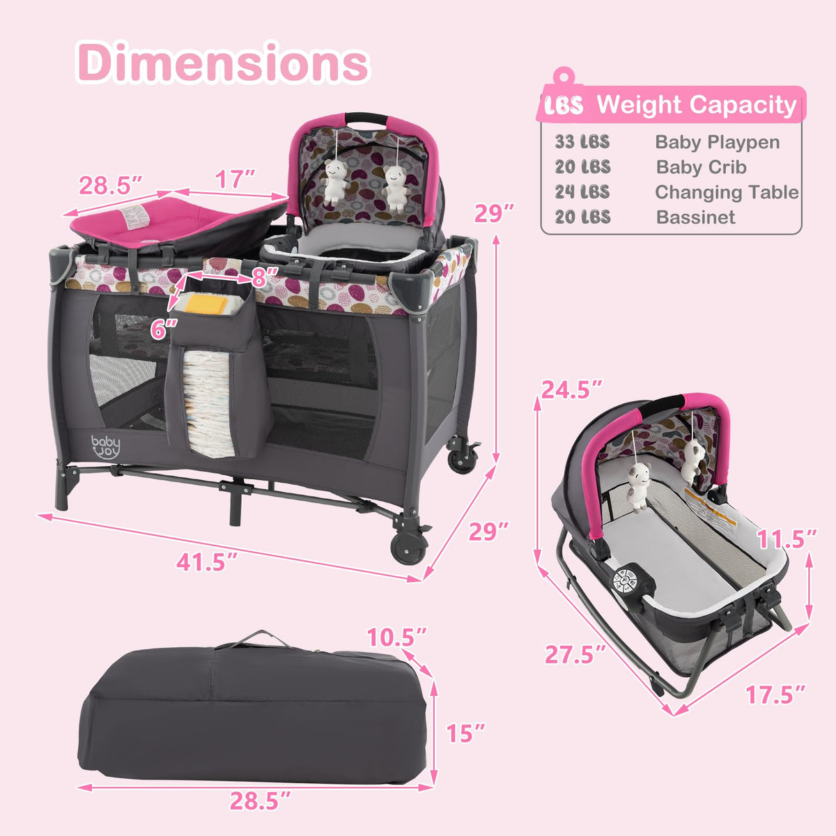Pink Portable Baby Playard with Bassinet and Changing Station Y208979