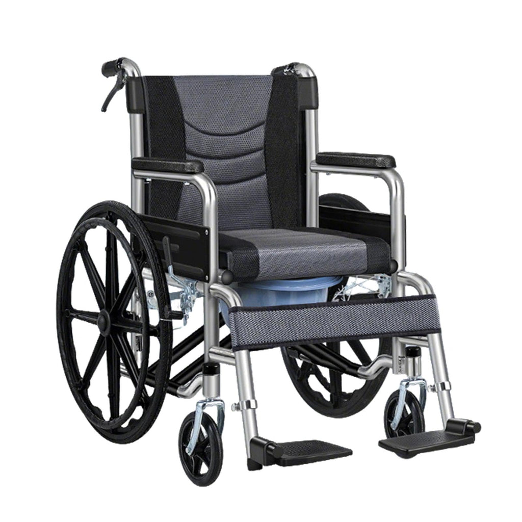 Foldable Reclining Wheelchair with Commode Bucket and Tray Table B473