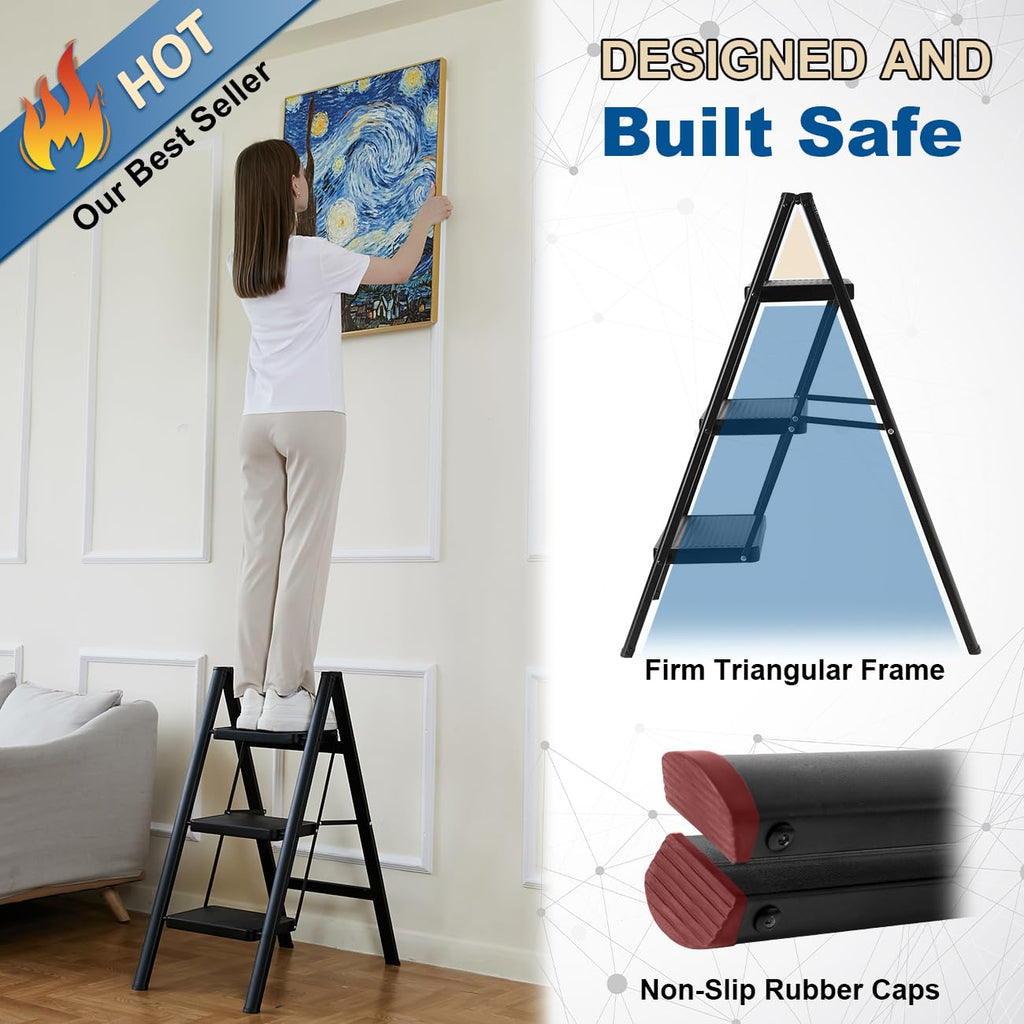 Black 3 Step Steel Folding Ladder C8229