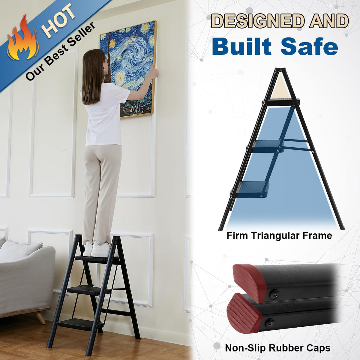 Black 3 Step Steel Folding Ladder C8229