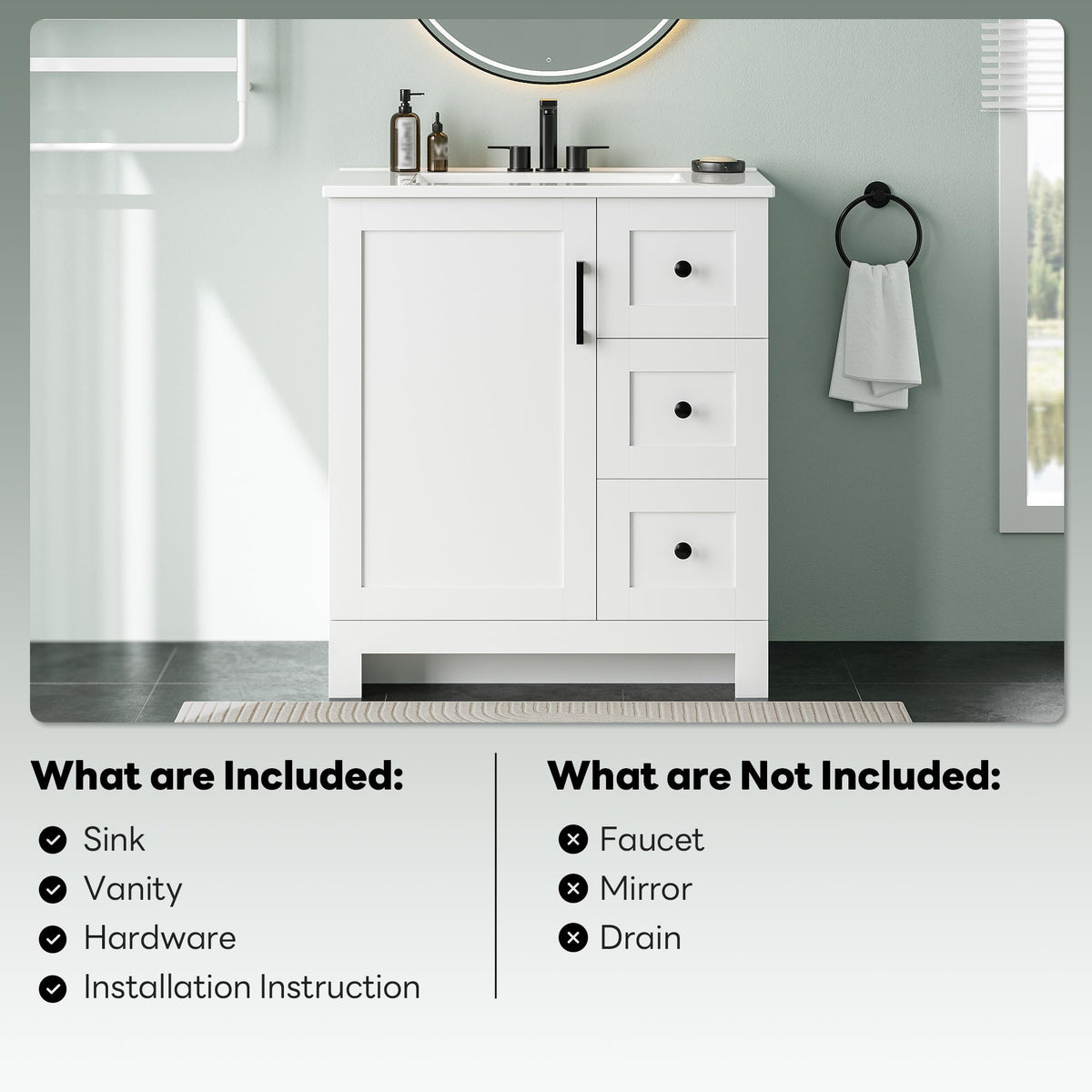 30" White Bathroom Vanity with Sink B572859