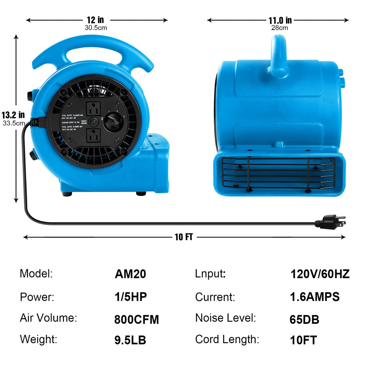 1/5hp 800cfm 3-Speed Air Mover Blower Fan with Dual Outlet U9090