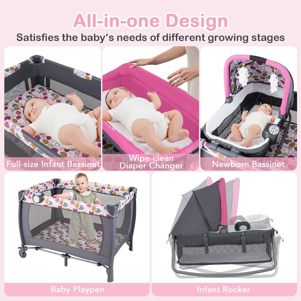 Pink Portable Baby Playard with Bassinet and Changing Station Y208979