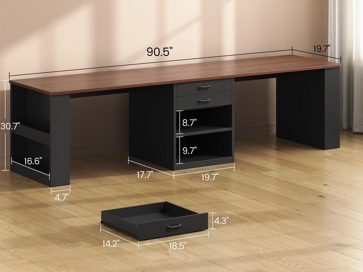 90.5" 2 Person Computer Desk with Storage Drawers Black S350856