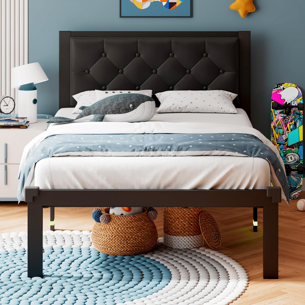Twin Size Black Metal Platform Bed Frame with Faux Leather Button Tufted Headboard X236