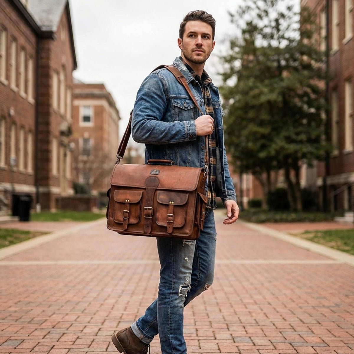 Vintage Brown Full Grain Leather Messenger Bag U963