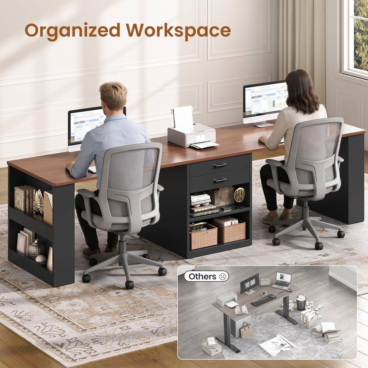 90.5" 2 Person Computer Desk with Storage Drawers Black S350856